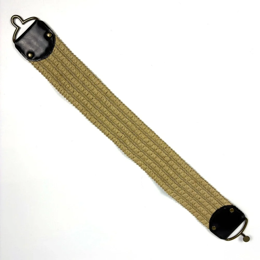 VTG 80s Wide Woven‎ Jute Waist Cinch Belt Womens Sz S/M Brown Genuine Leather